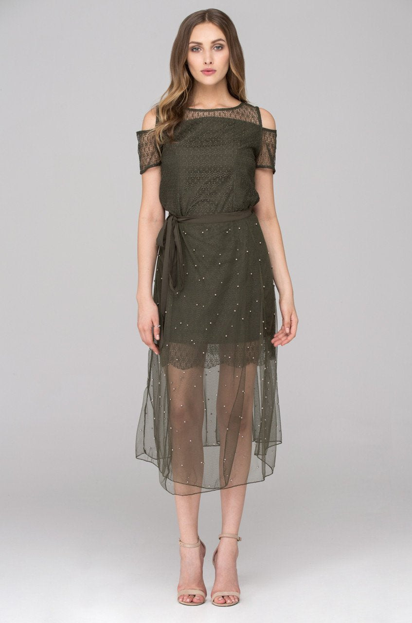 Army Green Lace Cold Shoulder Two Piece Dress - ownthelooks-Development