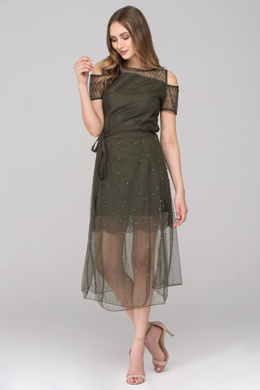 Army Green Lace Cold Shoulder Two Piece Dress - ownthelooks-Development