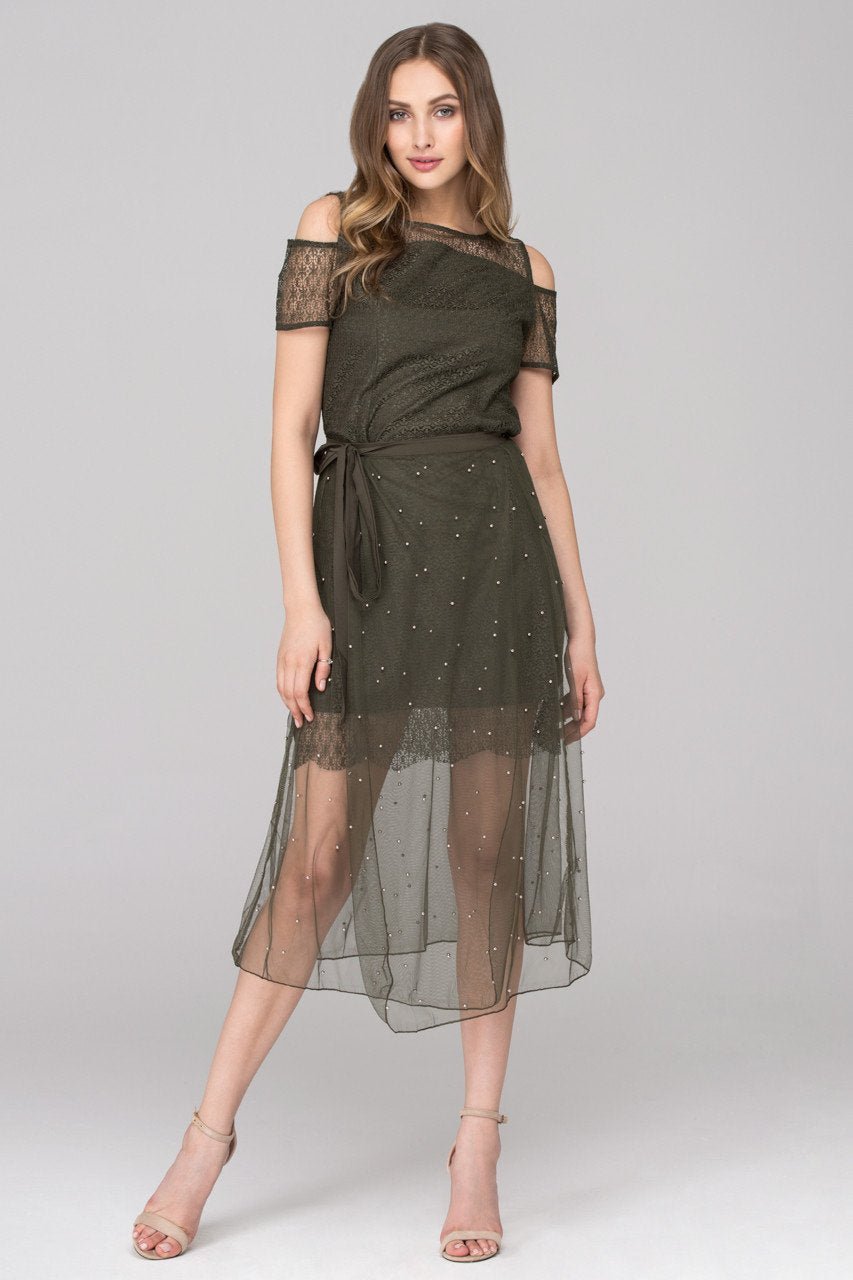 Army Green Lace Cold Shoulder Two Piece Dress - ownthelooks-Development