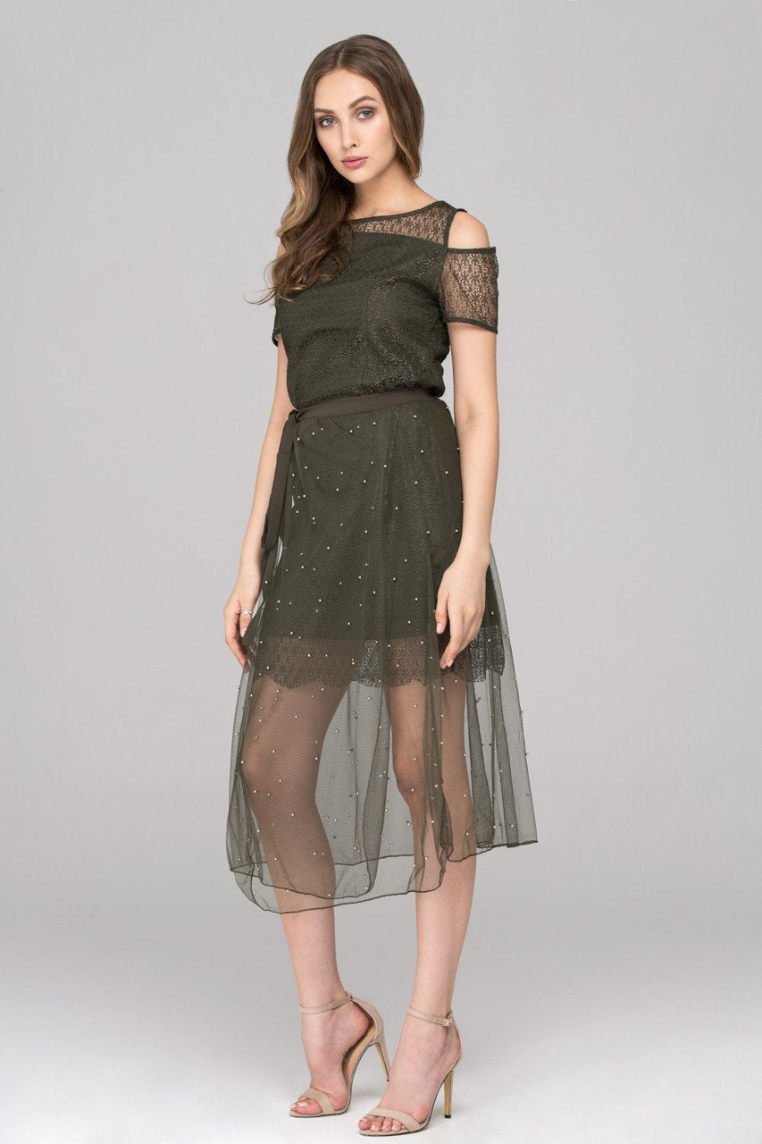 Army Green Lace Cold Shoulder Two Piece Dress - ownthelooks-Development