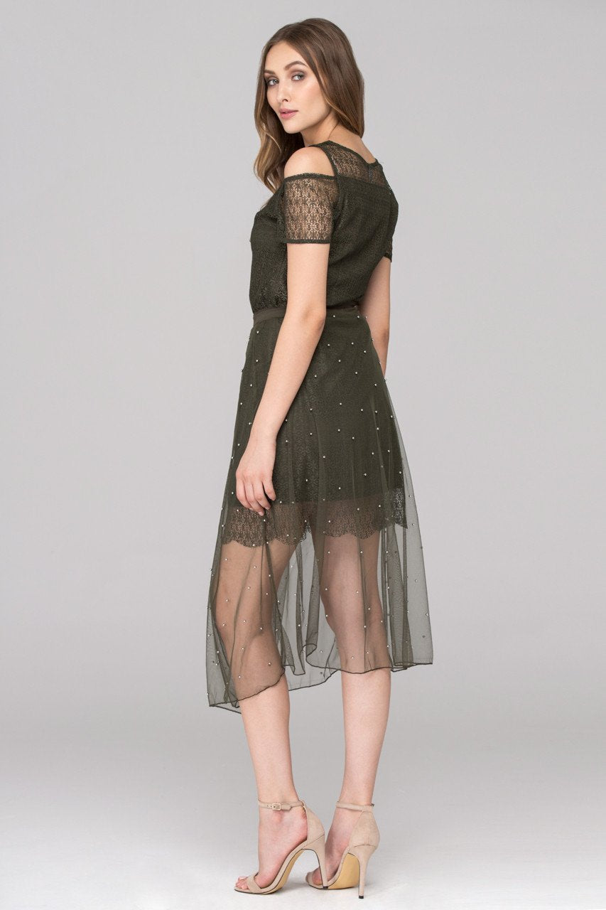 Army Green Lace Cold Shoulder Two Piece Dress - ownthelooks-Development