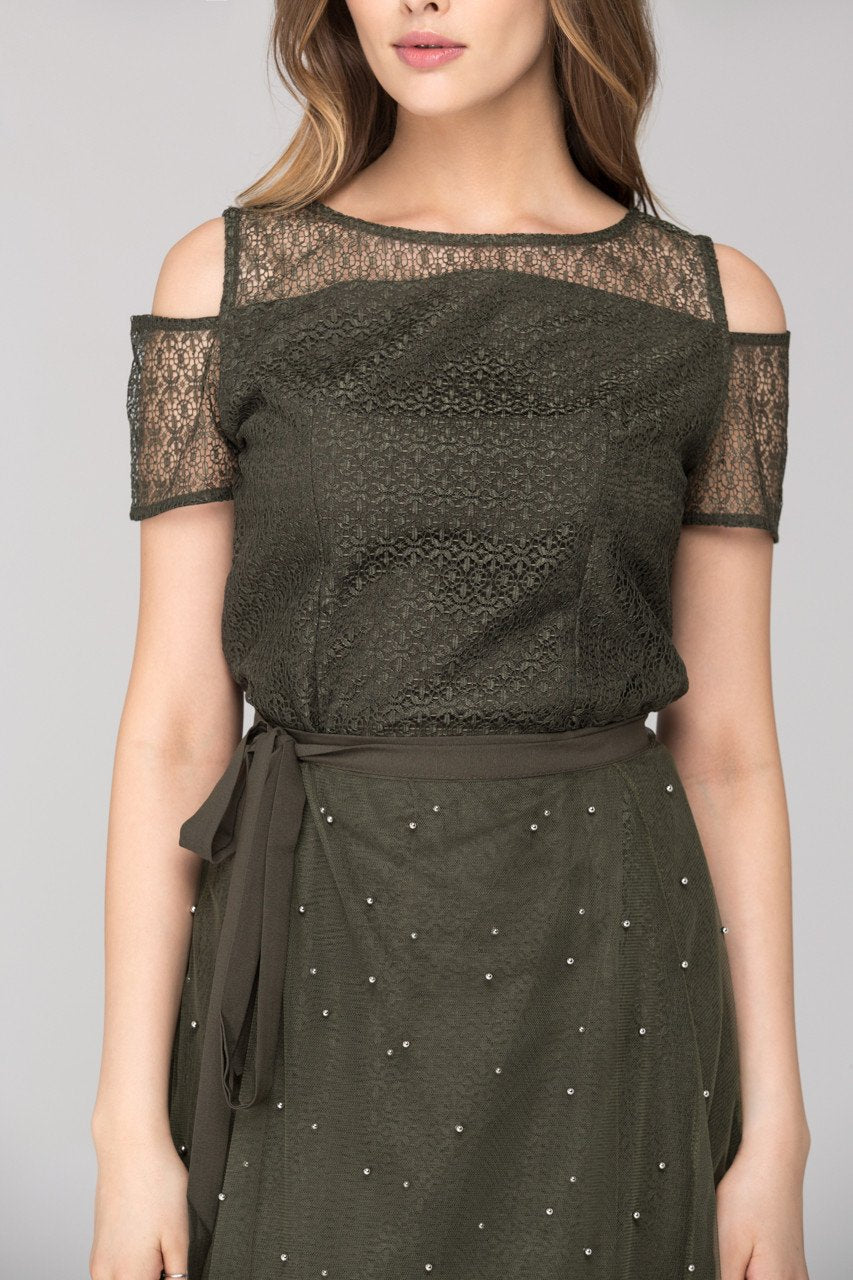 Army Green Lace Cold Shoulder Two Piece Dress - ownthelooks-Development