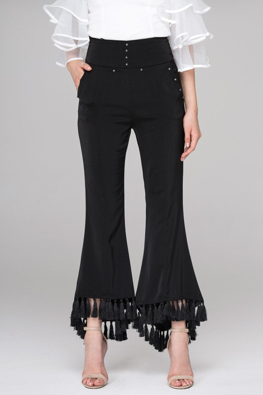 Rania Fawaz - Black Flare Tasseled Hem Trousers - ownthelooks-Development