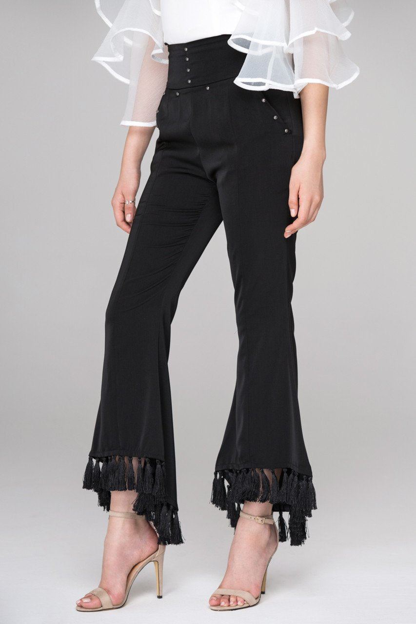 Rania Fawaz - Black Flare Tasseled Hem Trousers - ownthelooks-Development
