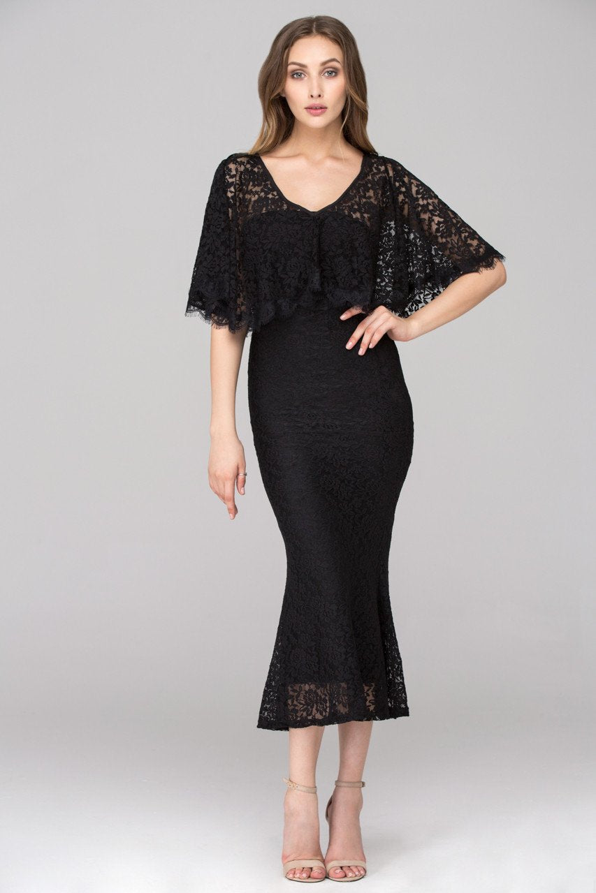 Rania Fawaz - Black Lace Strapless Mermaid Midi Dress with Cape - ownthelooks-Development