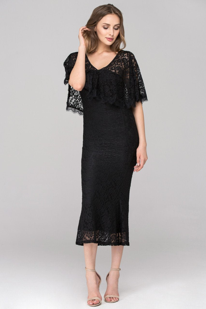Rania Fawaz - Black Lace Strapless Mermaid Midi Dress with Cape - ownthelooks-Development