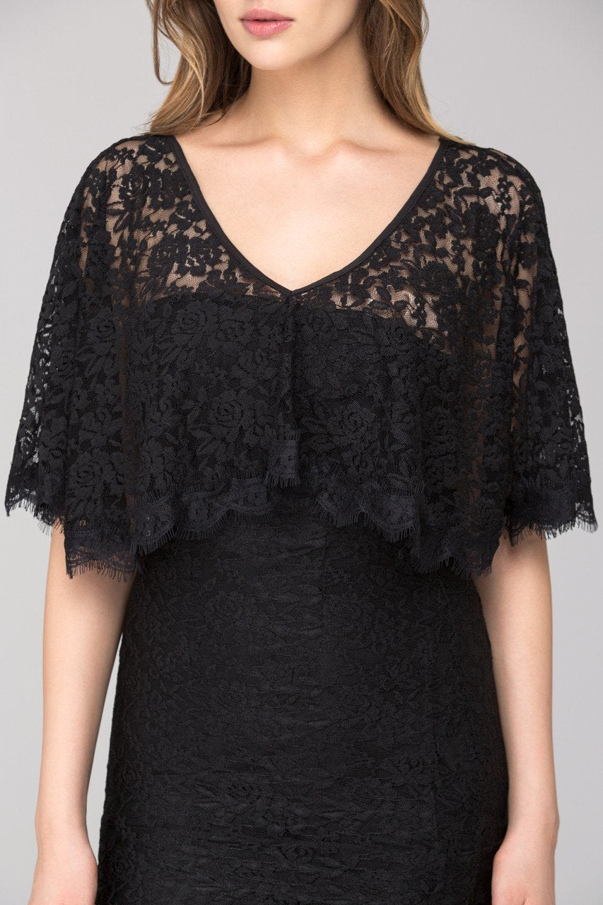 Rania Fawaz - Black Lace Strapless Mermaid Midi Dress with Cape - ownthelooks-Development