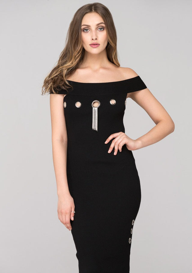 Black Off the shoulder Bodycon Ring Midi Dress - ownthelooks-Development