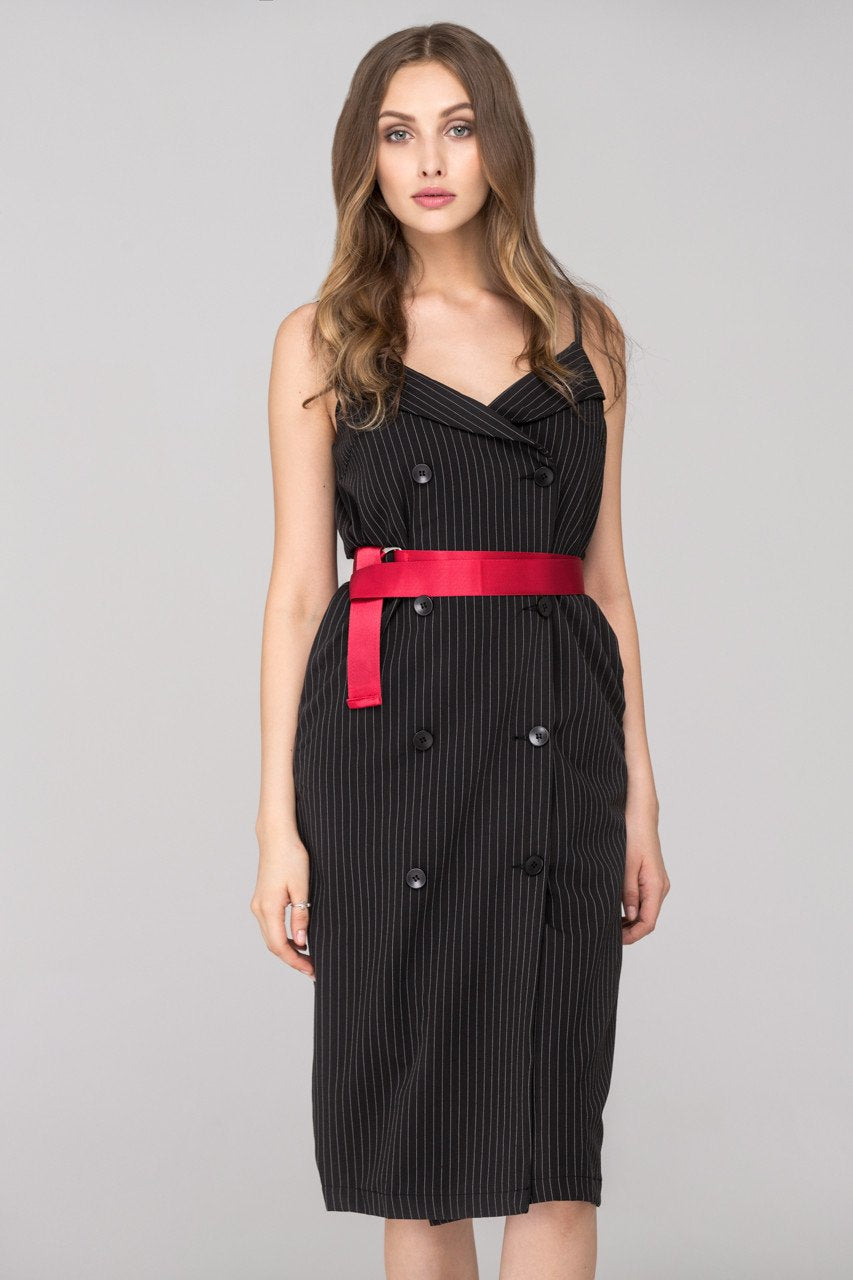 Rania Fawaz - Black Pinstripes Double Button Midi Dress with Red Belt ownthelooks-Development Rania Fawaz - Black Pinstripes Double Button Midi Dress with Red Belt ownthelooks-Development