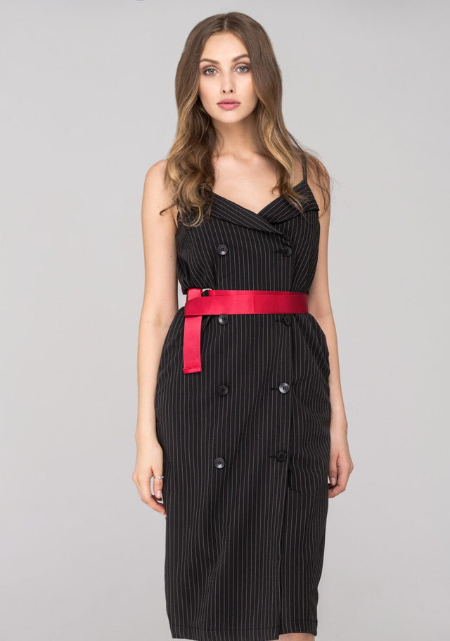 Rania Fawaz - Black Pinstripes Double Button Midi Dress with Red Belt - ownthelooks-Development