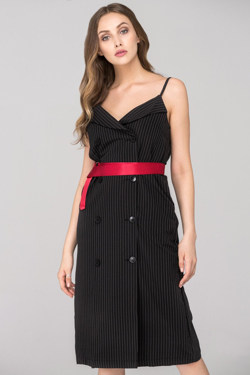 Rania Fawaz - Black Pinstripes Double Button Midi Dress with Red Belt - ownthelooks-Development