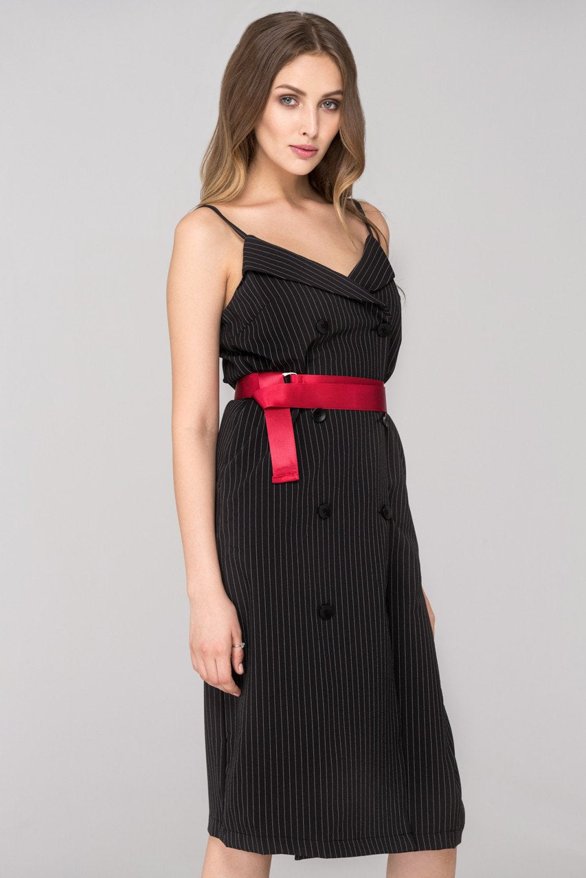 Rania Fawaz - Black Pinstripes Double Button Midi Dress with Red Belt - ownthelooks-Development