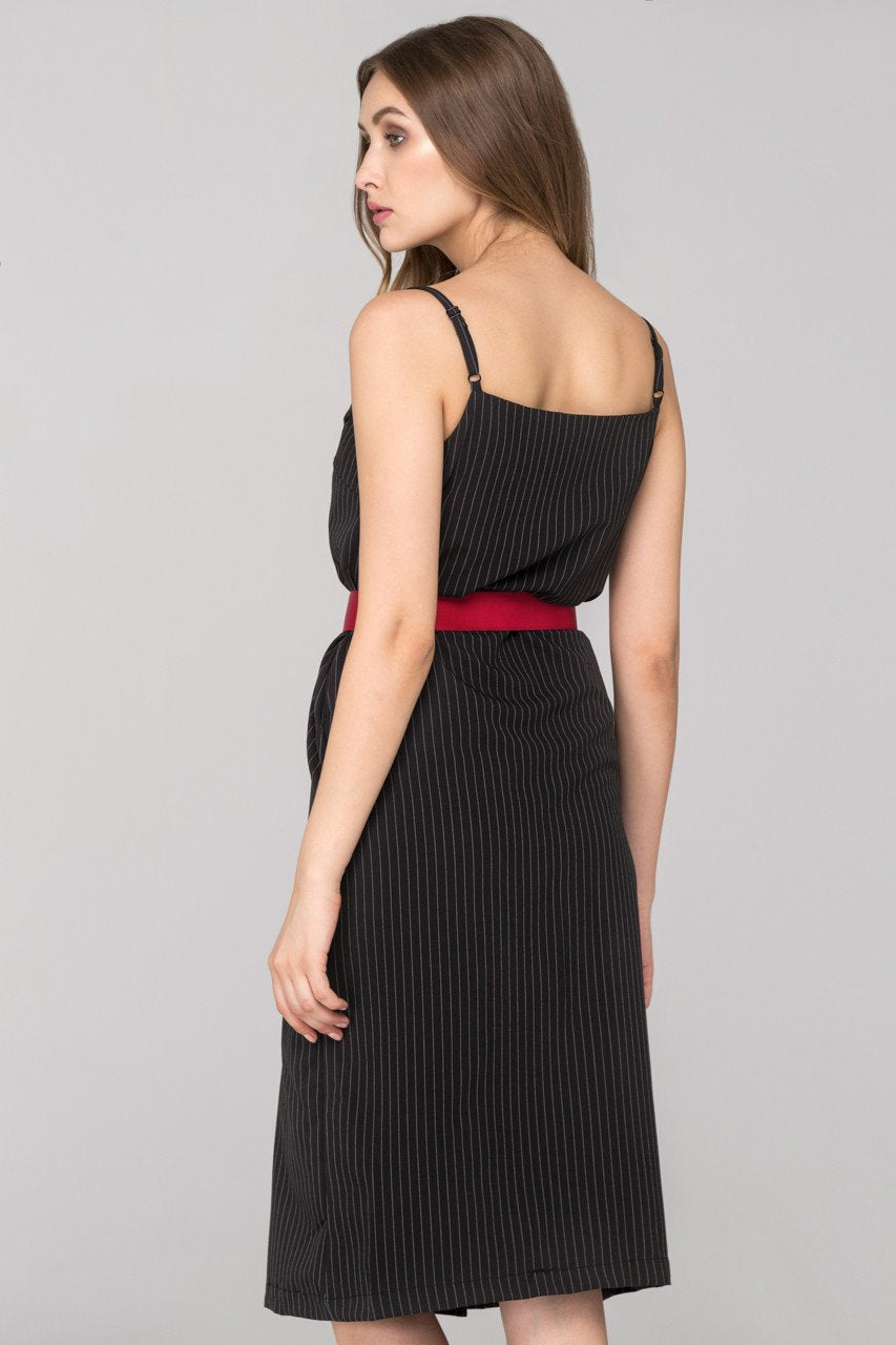 Rania Fawaz - Black Pinstripes Double Button Midi Dress with Red Belt - ownthelooks-Development