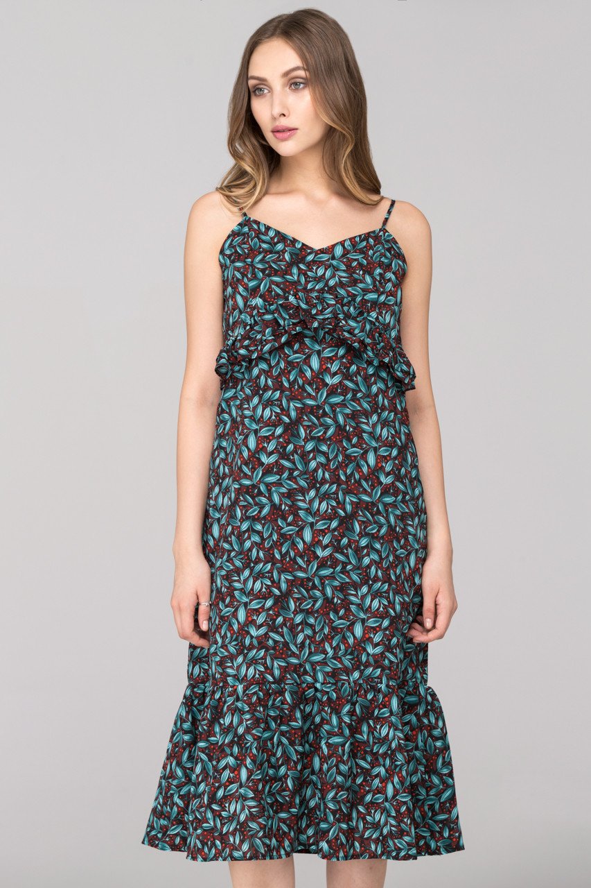 Blue Green Berry Leaf Print flounced Midi Dress - ownthelooks-Development