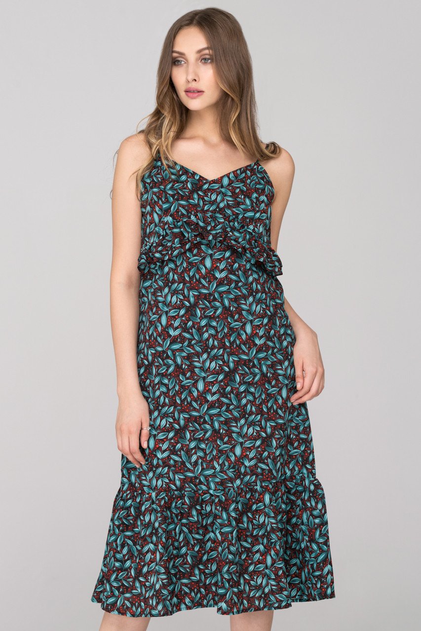 Blue Green Berry Leaf Print flounced Midi Dress - ownthelooks-Development