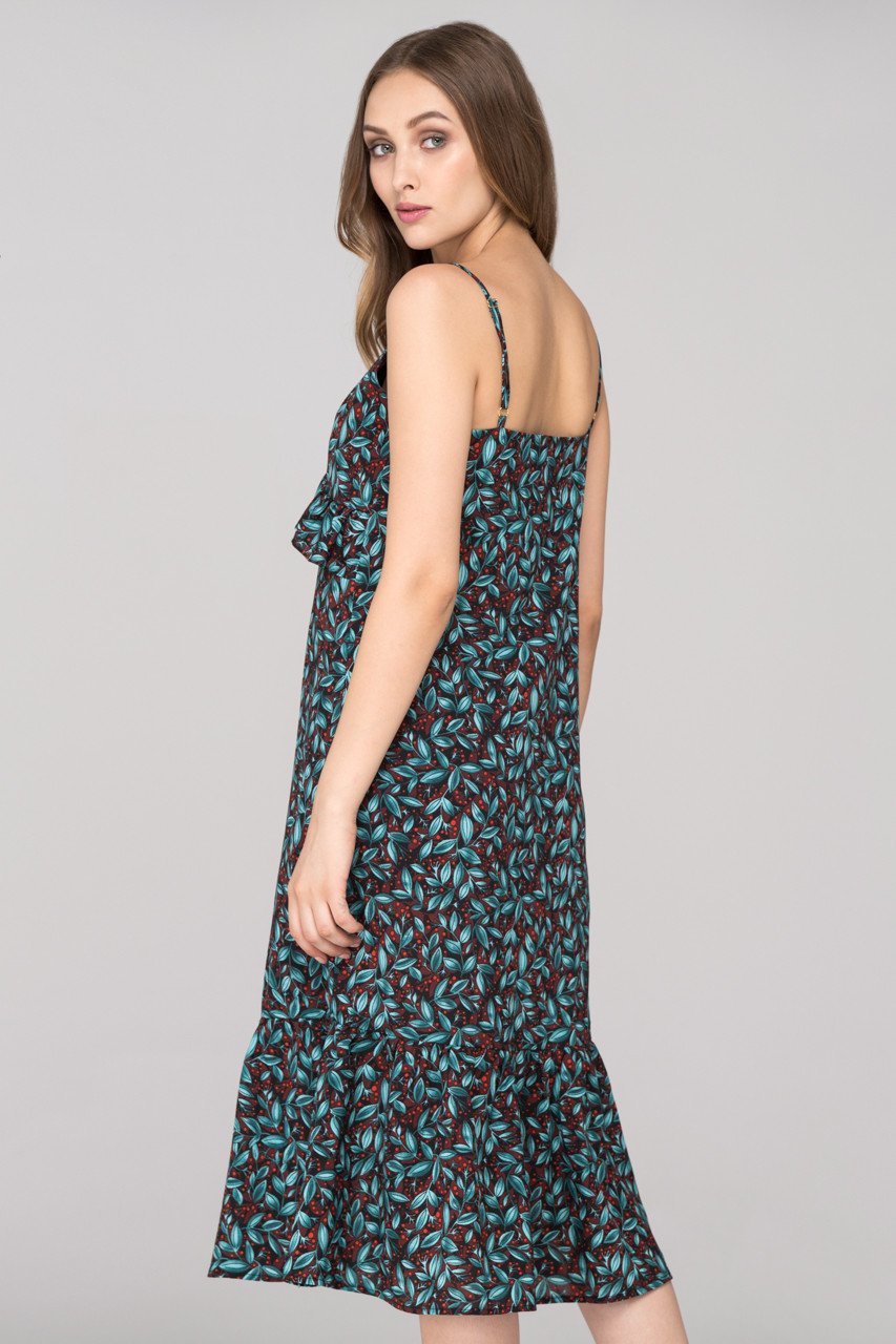 Blue Green Berry Leaf Print flounced Midi Dress - ownthelooks-Development