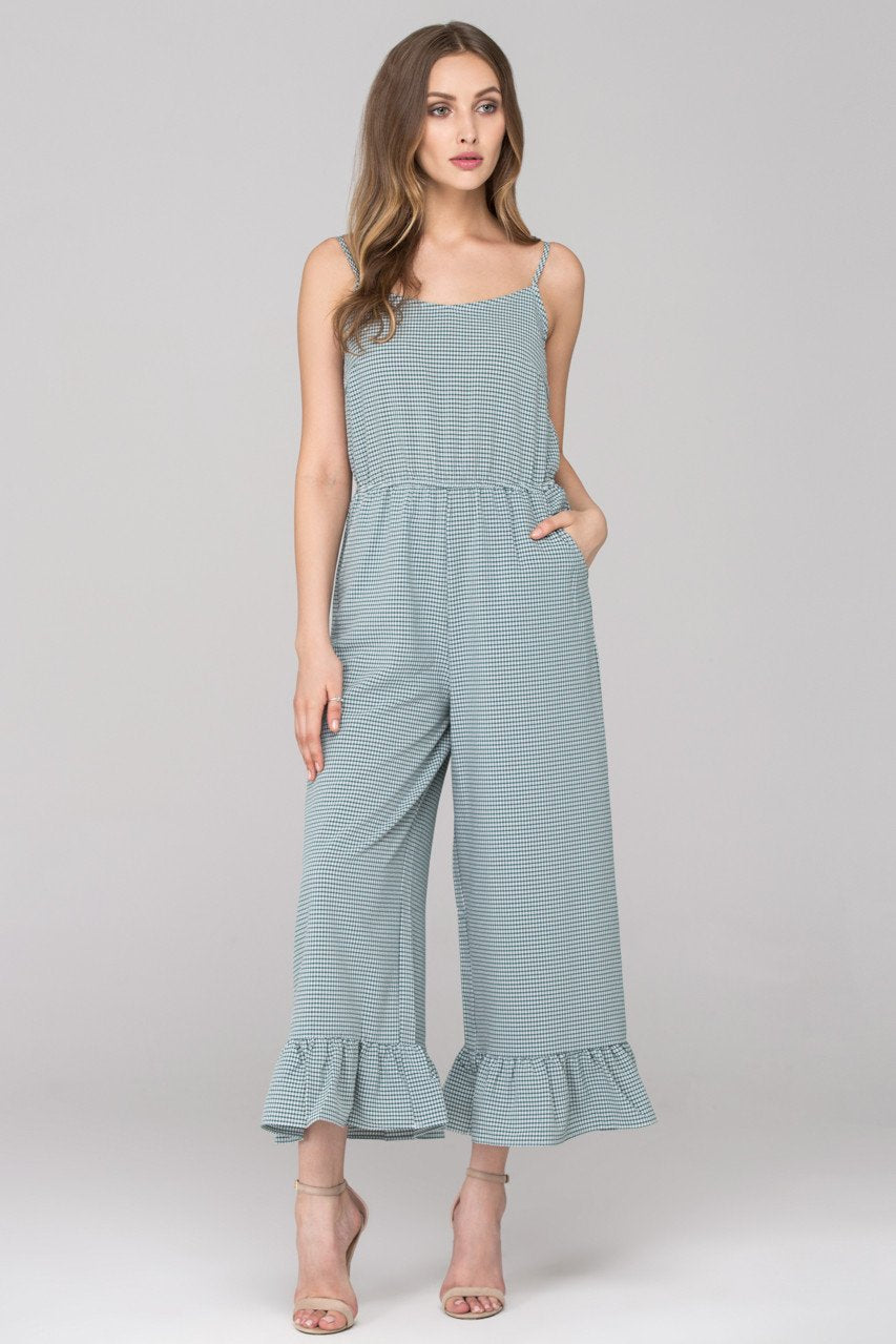 Green Checkered Ruffled Leg Hem Jumpsuit - ownthelooks-Development