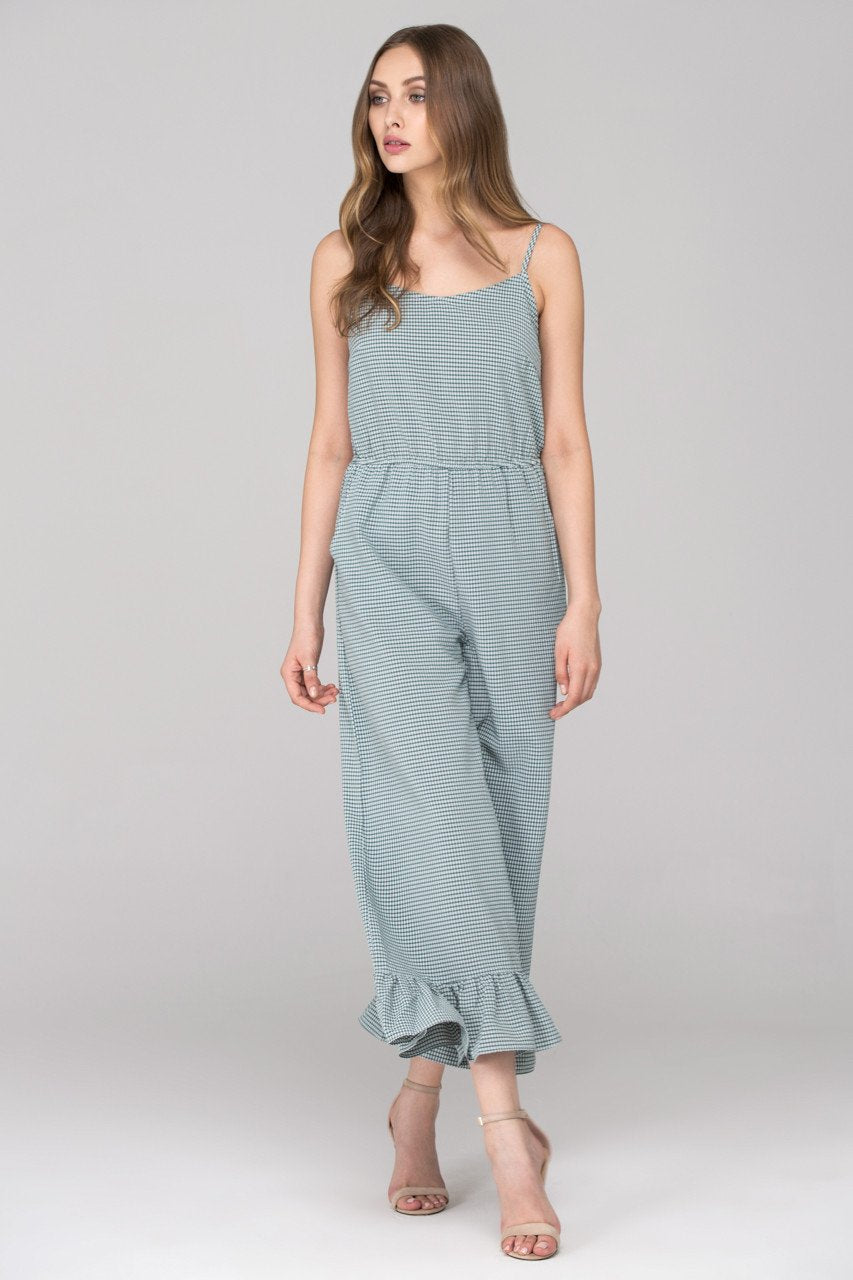 Green Checkered Ruffled Leg Hem Jumpsuit - ownthelooks-Development