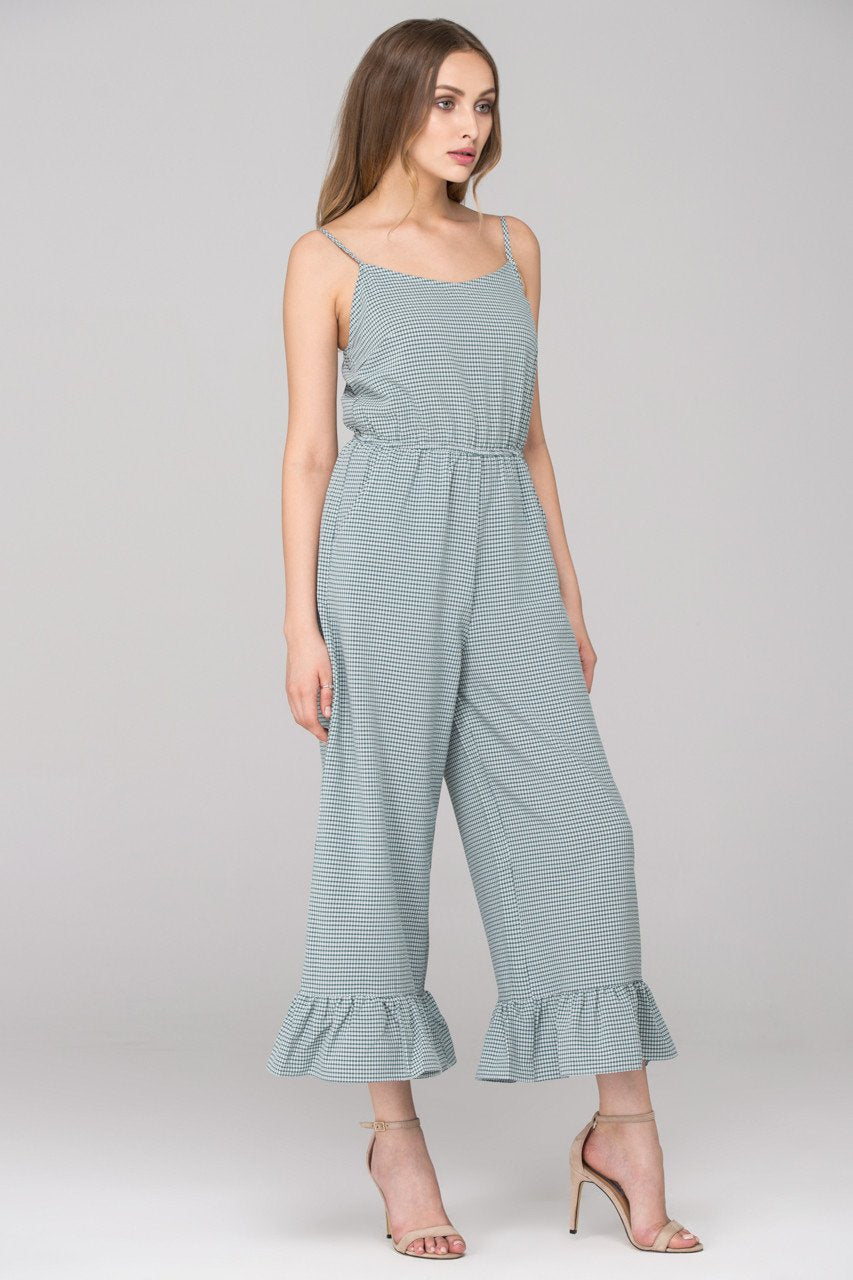 Green Checkered Ruffled Leg Hem Jumpsuit - ownthelooks-Development