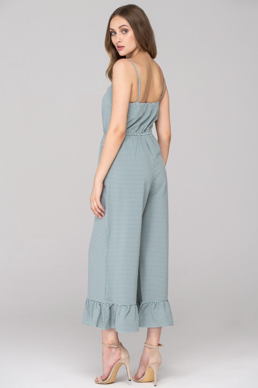Green Checkered Ruffled Leg Hem Jumpsuit - ownthelooks-Development