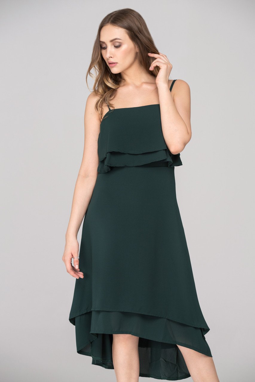 Hunter Green Layered Chiffon Midi Dress - ownthelooks-Development