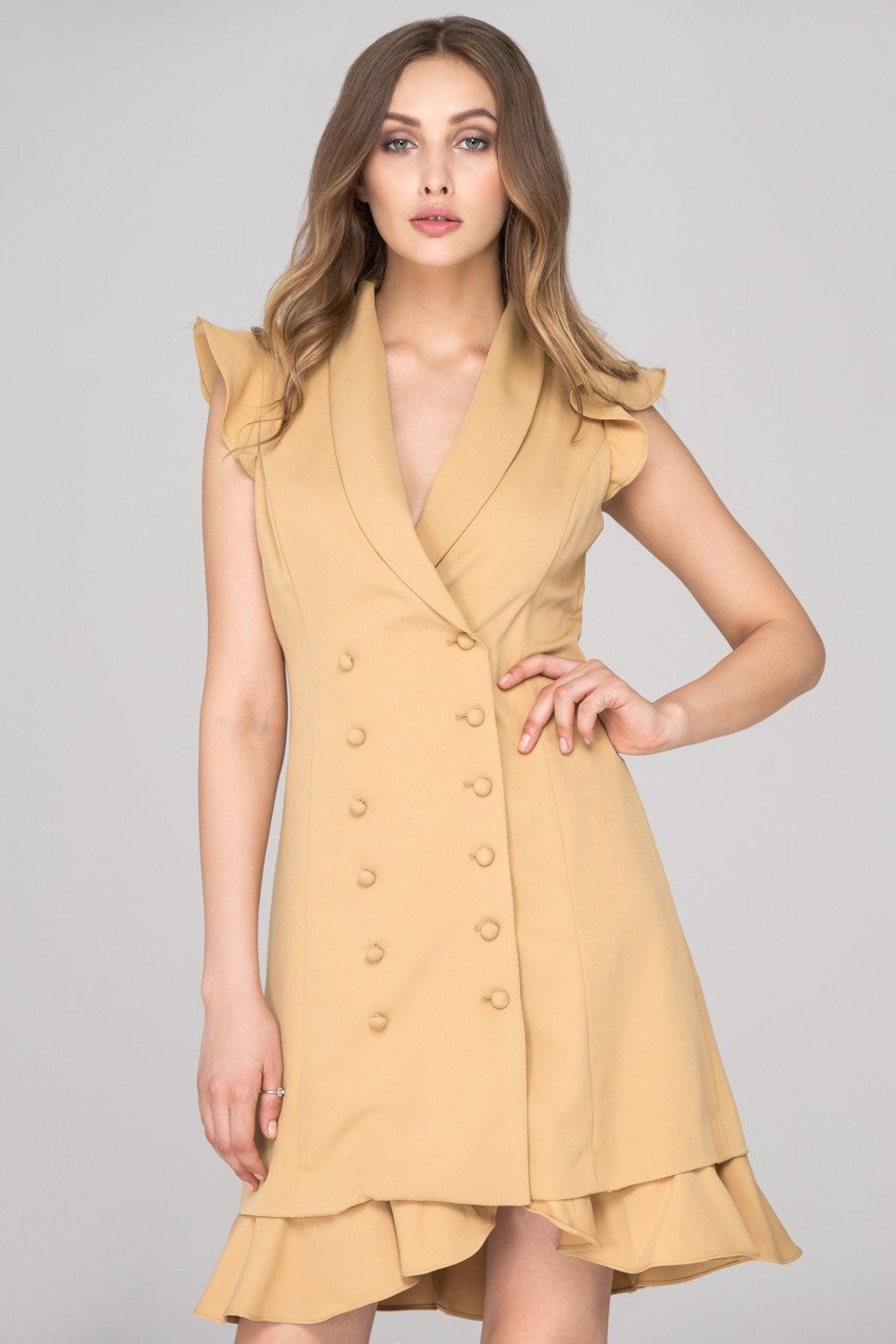 Rania Fawaz - Khaki Double Button Ruffled Hem Midi Dress - ownthelooks-Development