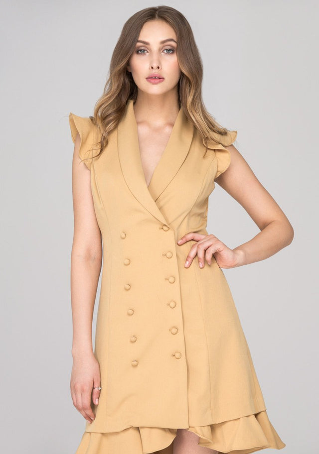 Rania Fawaz - Khaki Double Button Ruffled Hem Midi Dress - ownthelooks-Development