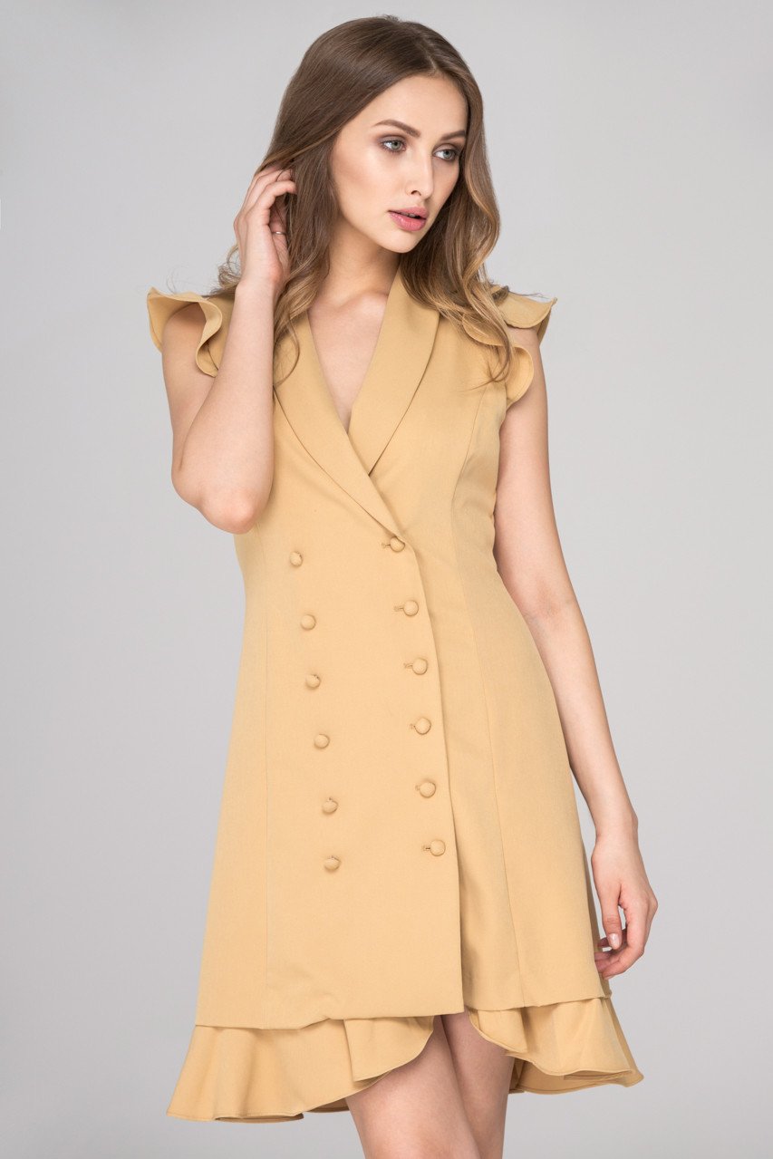 Rania Fawaz - Khaki Double Button Ruffled Hem Midi Dress - ownthelooks-Development