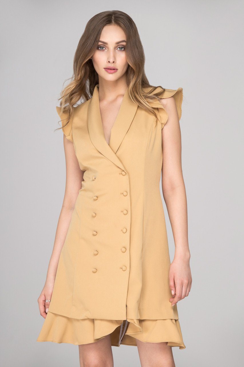 Rania Fawaz - Khaki Double Button Ruffled Hem Midi Dress - ownthelooks-Development