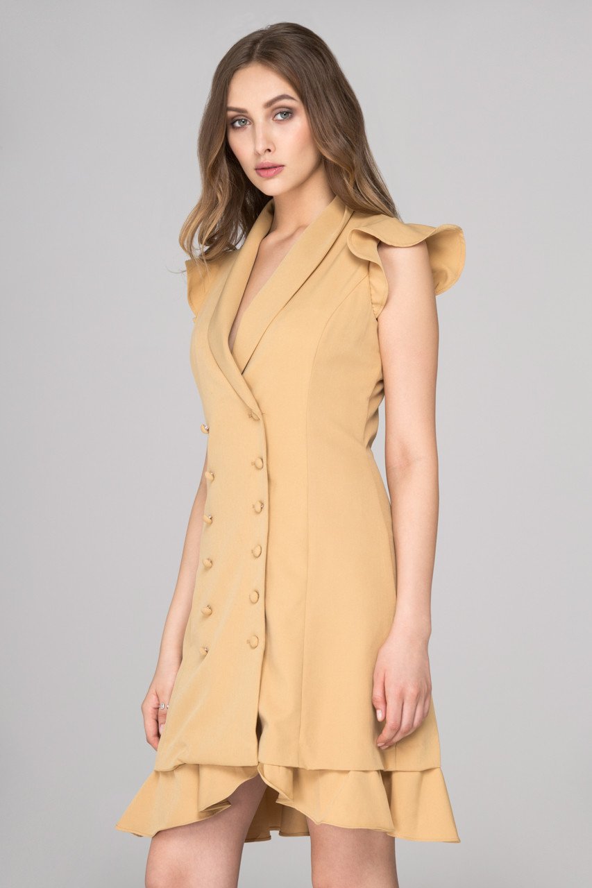 Rania Fawaz - Khaki Double Button Ruffled Hem Midi Dress - ownthelooks-Development