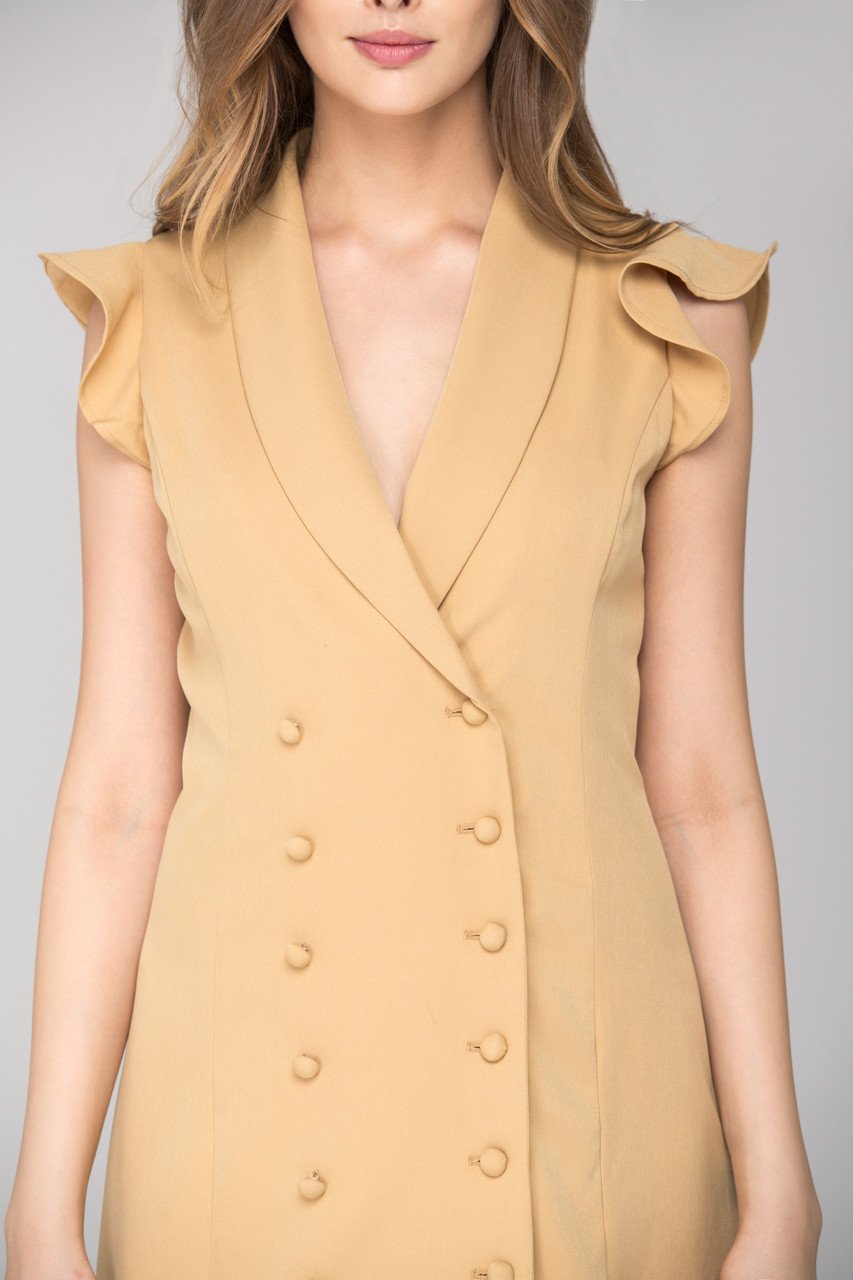 Rania Fawaz - Khaki Double Button Ruffled Hem Midi Dress - ownthelooks-Development