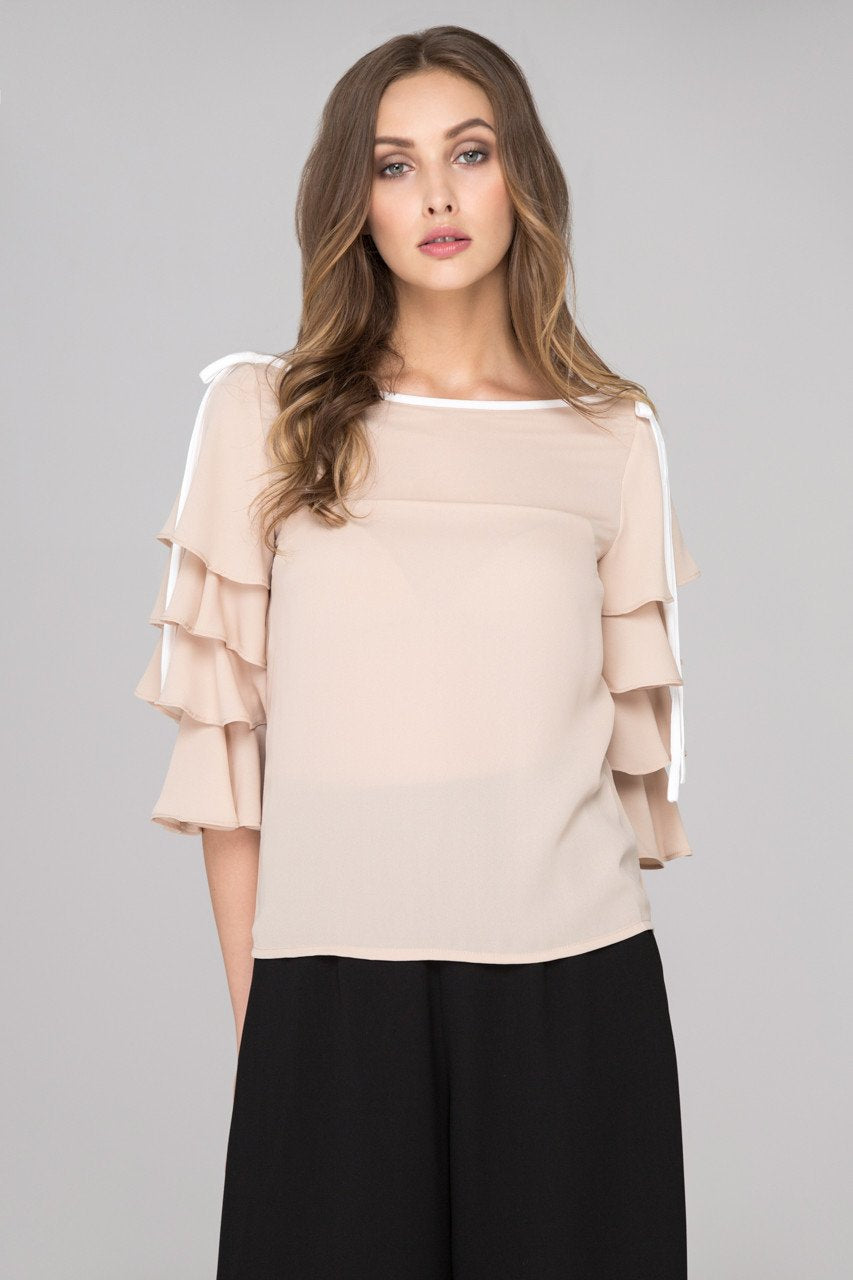 Nude Chiffon Tiered Ruffle Sleeve Top - ownthelooks-Development