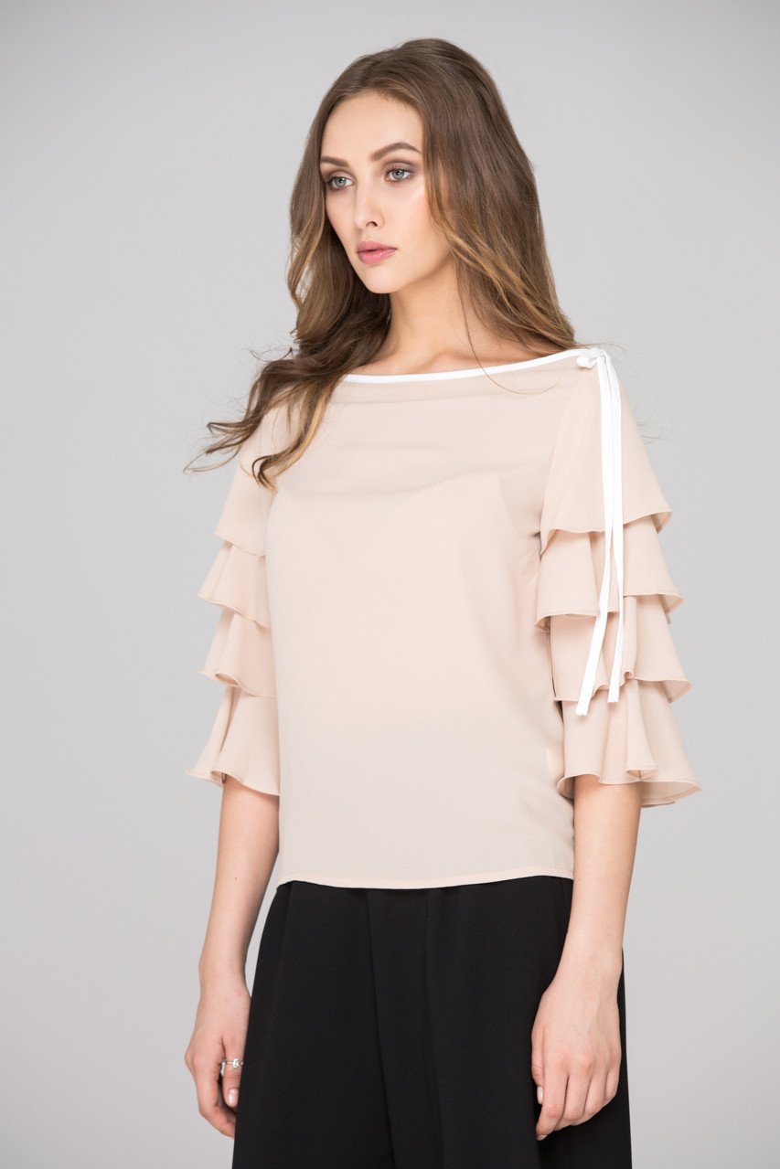 Nude Chiffon Tiered Ruffle Sleeve Top - ownthelooks-Development
