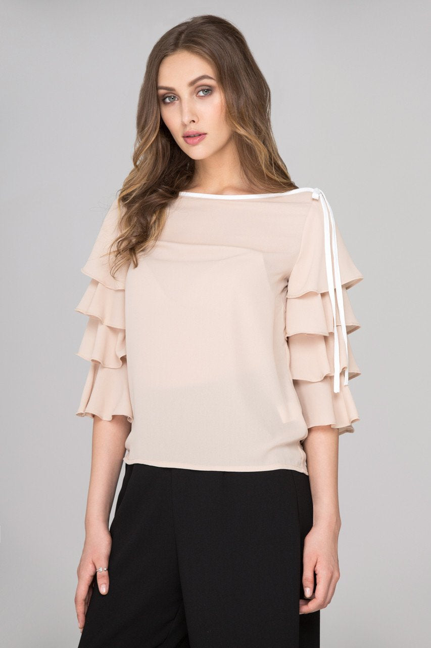 Nude Chiffon Tiered Ruffle Sleeve Top - ownthelooks-Development