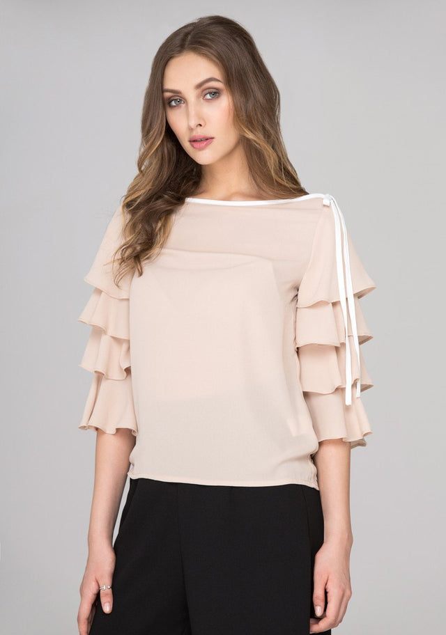 Nude Chiffon Tiered Ruffle Sleeve Top - ownthelooks-Development