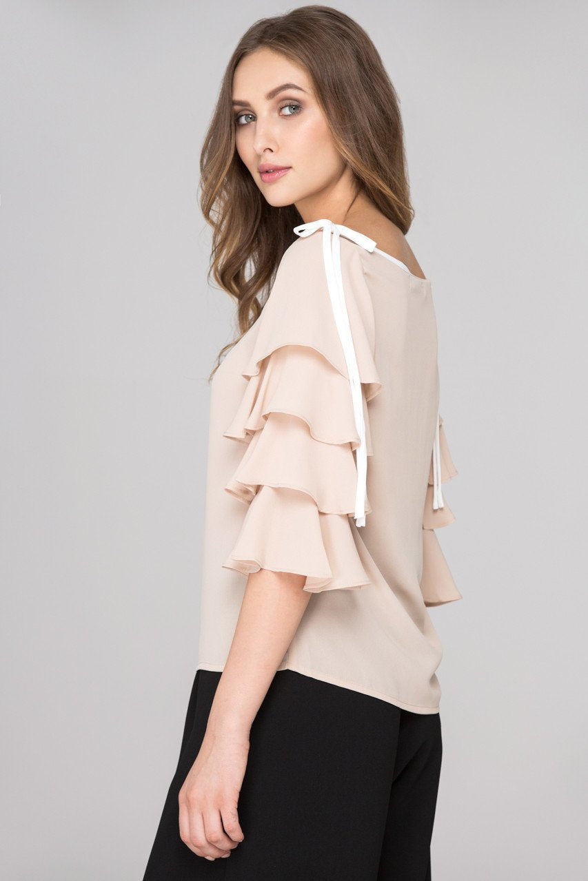 Nude Chiffon Tiered Ruffle Sleeve Top - ownthelooks-Development
