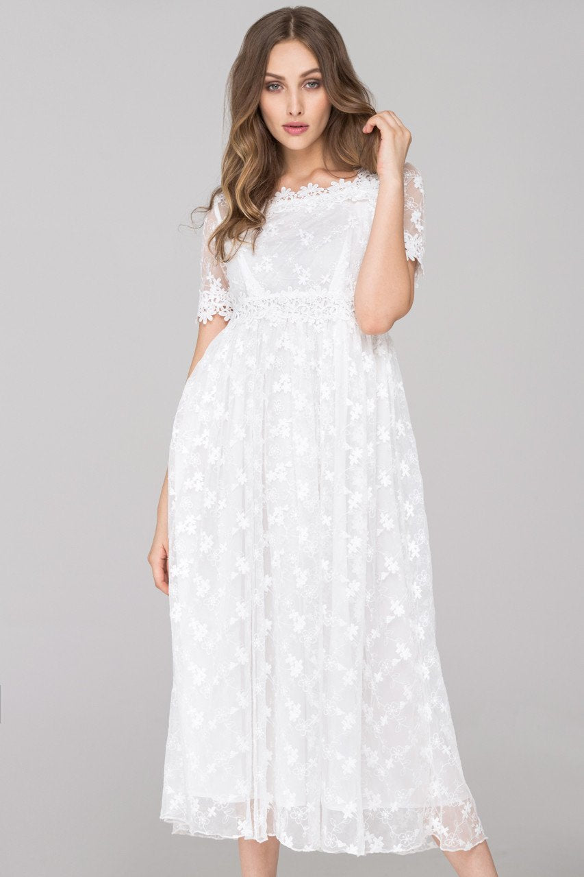 White Embroidered Soft Tulle Maxi Dress - ownthelooks-Development