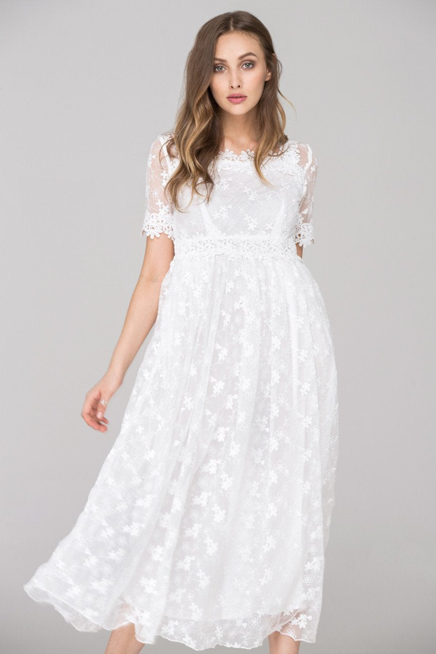 White Embroidered Soft Tulle Maxi Dress - ownthelooks-Development