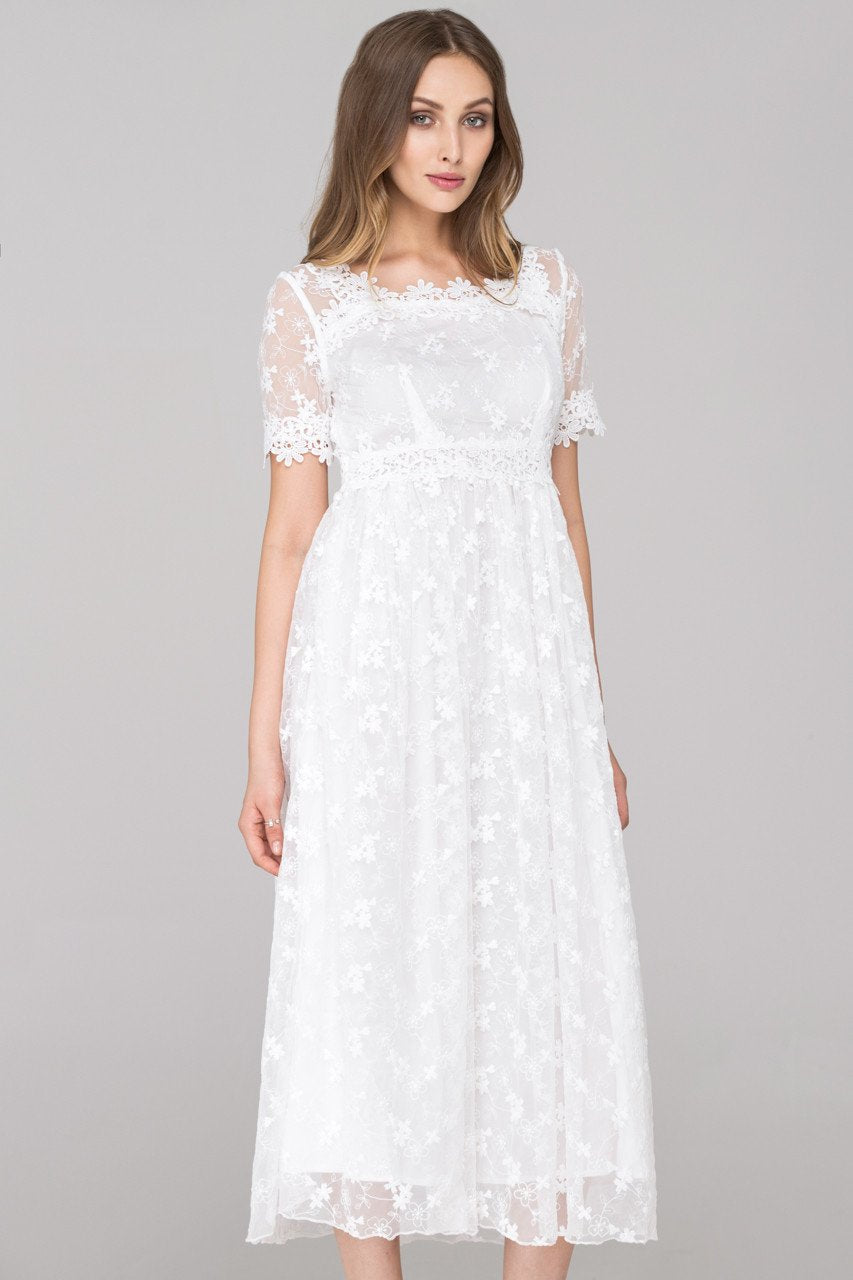 White Embroidered Soft Tulle Maxi Dress - ownthelooks-Development