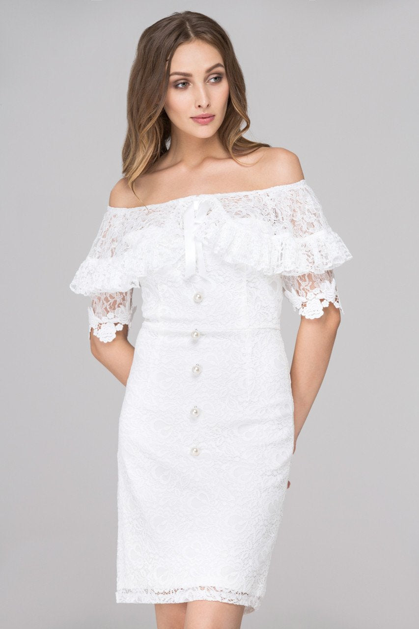 White Pearl Button Lace Drop-Shoulder Sheath Dress - ownthelooks-Development