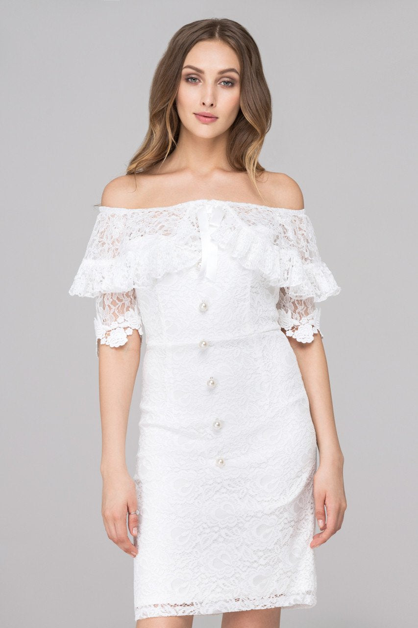 White Pearl Button Lace Drop-Shoulder Sheath Dress - ownthelooks-Development