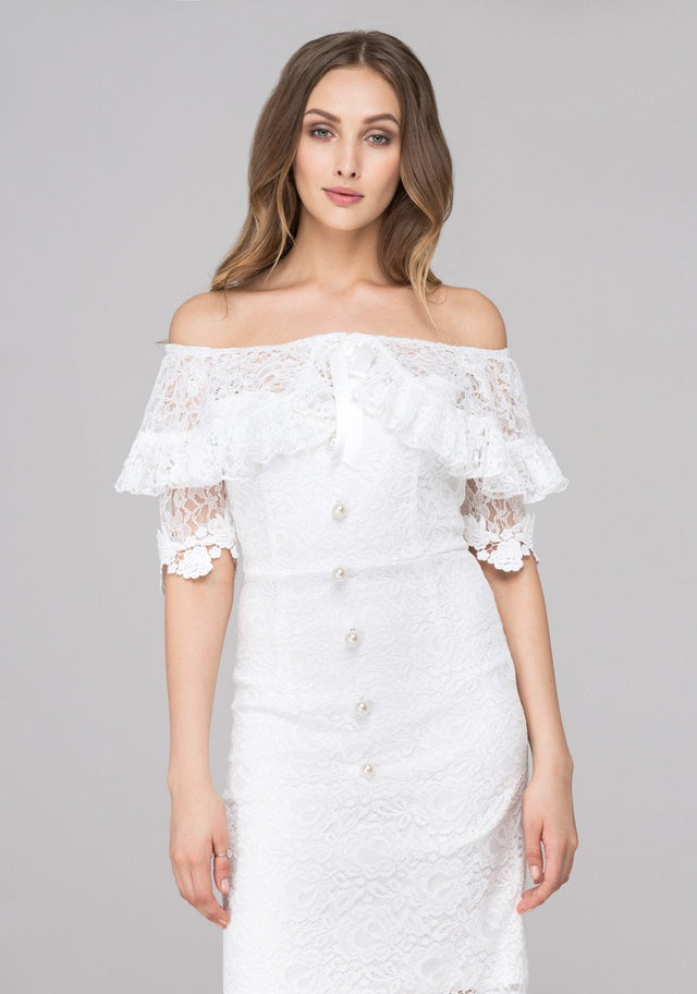 White Pearl Button Lace Drop-Shoulder Sheath Dress - ownthelooks-Development