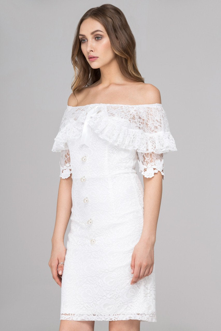 White Pearl Button Lace Drop-Shoulder Sheath Dress - ownthelooks-Development