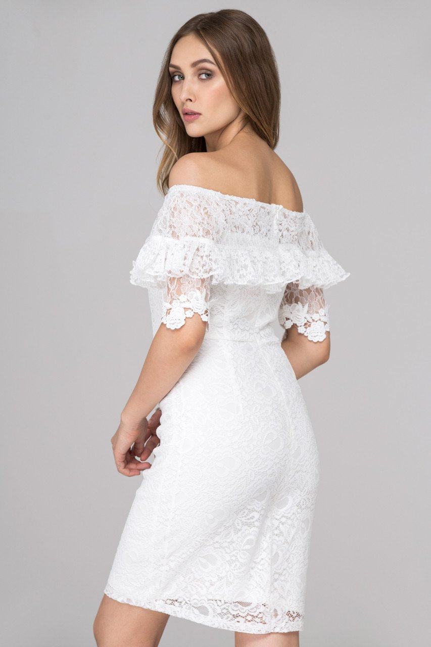 White Pearl Button Lace Drop-Shoulder Sheath Dress - ownthelooks-Development