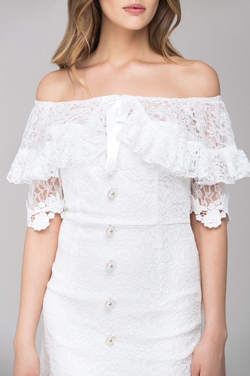 White Pearl Button Lace Drop-Shoulder Sheath Dress - ownthelooks-Development