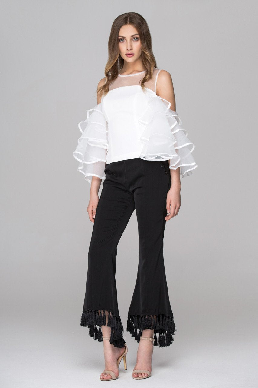 White Sheer Yoke Tiered Ruffle Sleeve Top - ownthelooks-Development