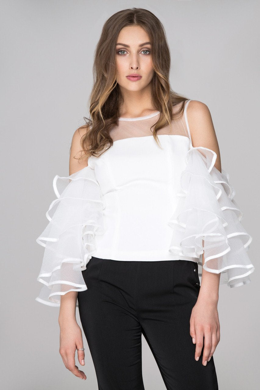 White Sheer Yoke Tiered Ruffle Sleeve Top - ownthelooks-Development