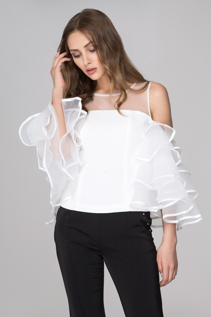 White Sheer Yoke Tiered Ruffle Sleeve Top - ownthelooks-Development