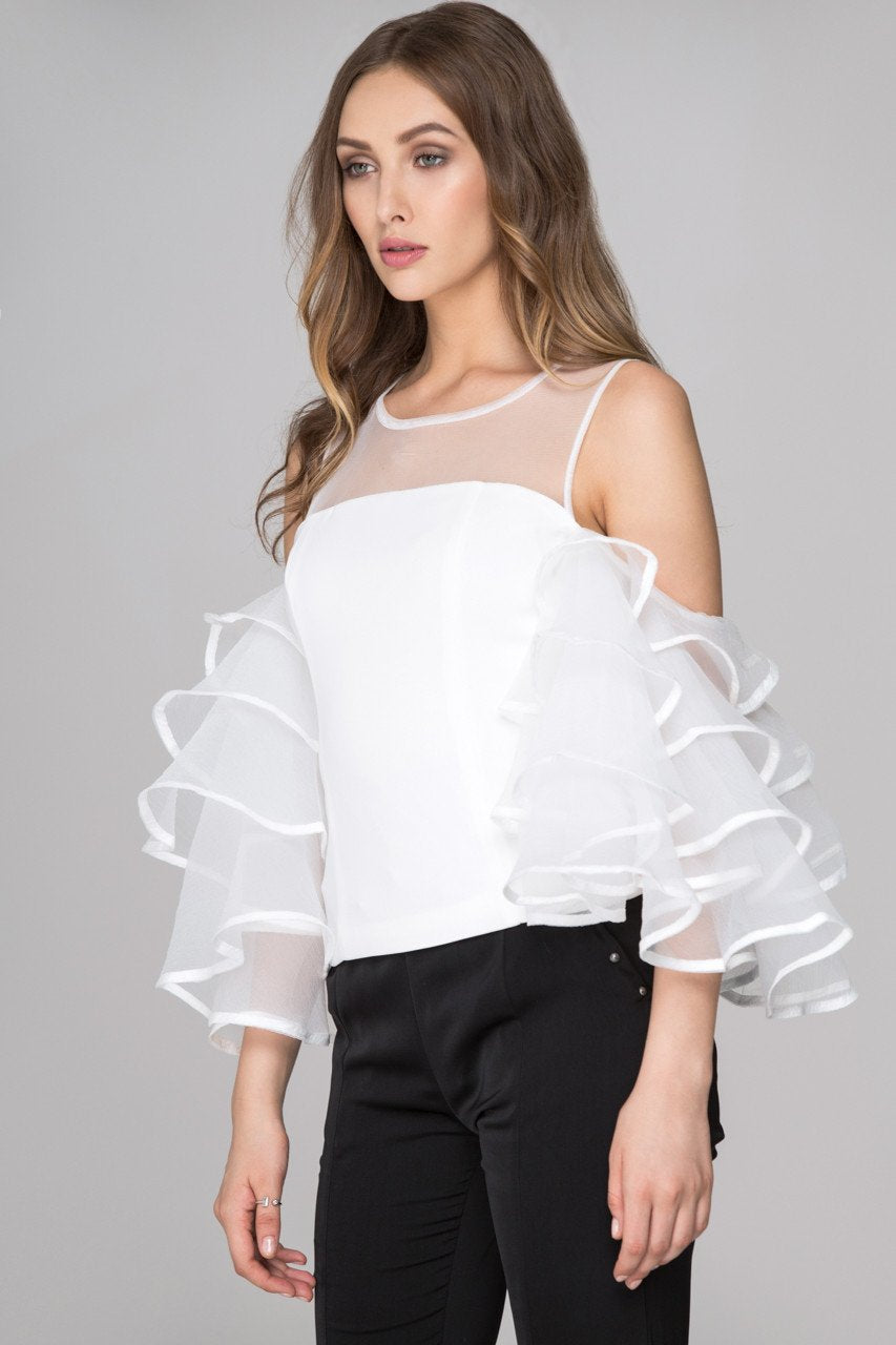 White Sheer Yoke Tiered Ruffle Sleeve Top - ownthelooks-Development