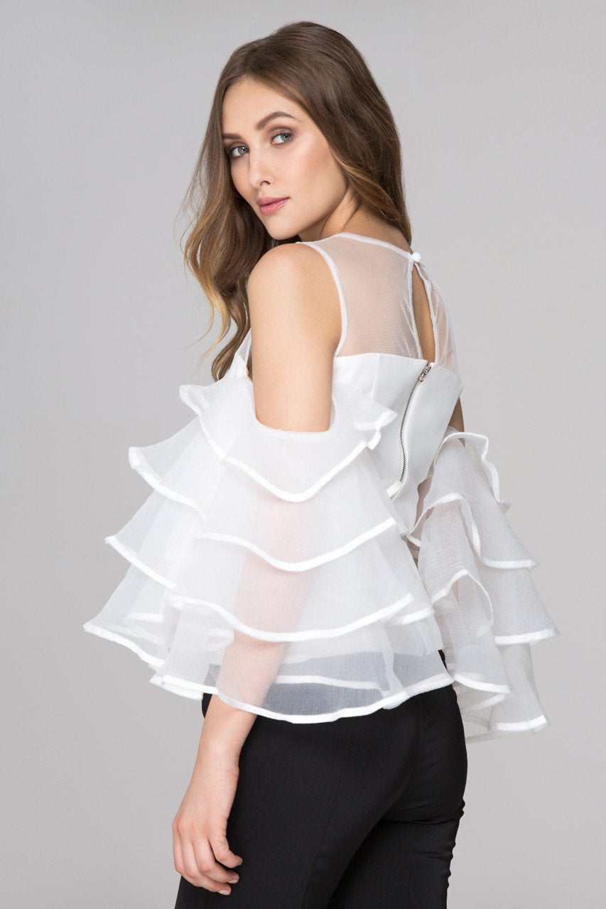 White Sheer Yoke Tiered Ruffle Sleeve Top - ownthelooks-Development